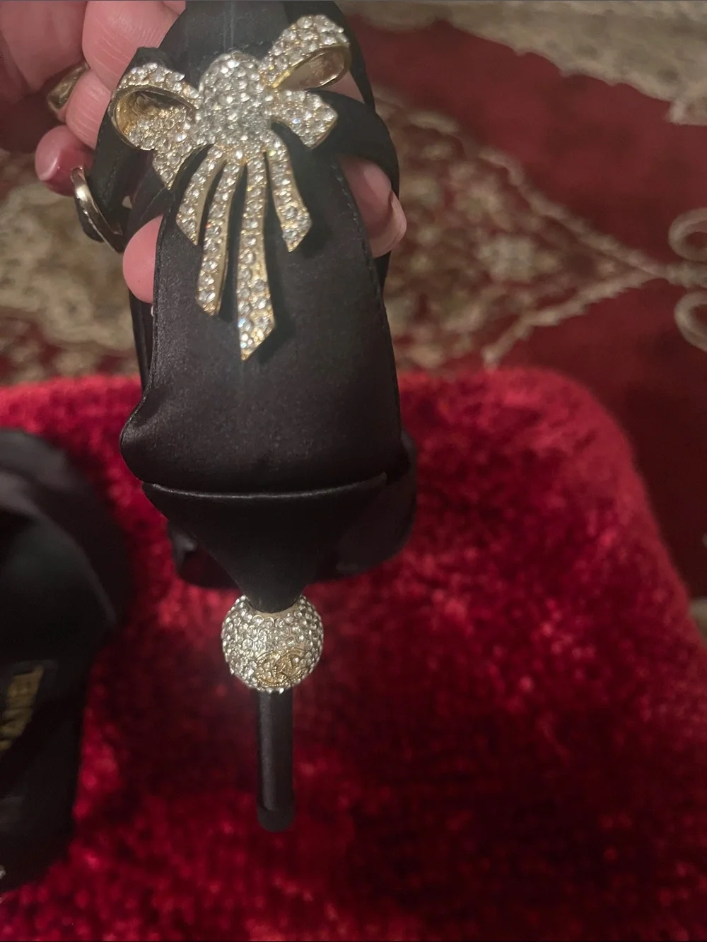 CHANEL Black Satin Peep-Toe Slingback Heels with Rhinestone Accent
